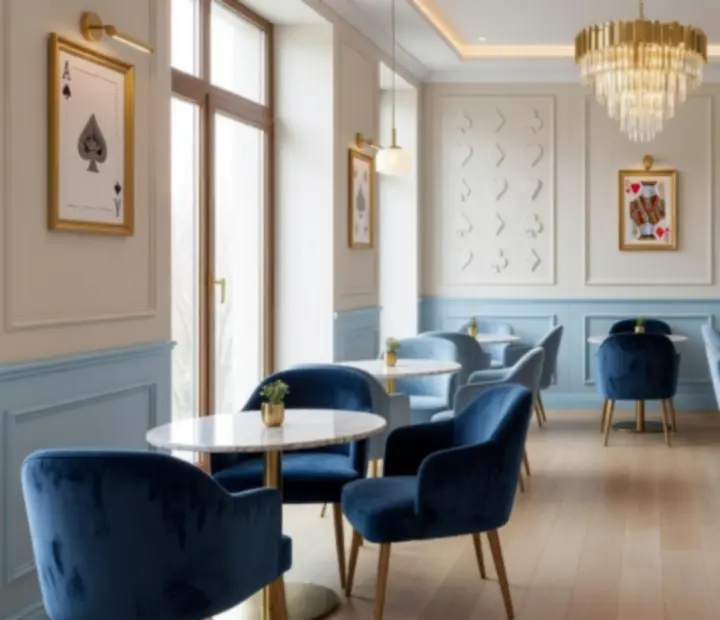 Jasne, eleganckie wnętrze restauracji inspirowane stylem casino