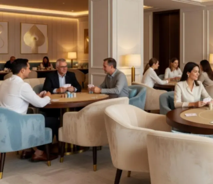 Pokerowy lounge w restauracji Nocavio z eleganckimi stołami i wygodnymi fotelami