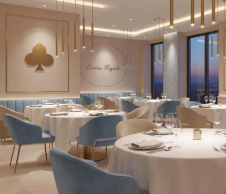 Eleganckie jasne wnętrze restauracji Nocavio z kremowymi tonacjami i subtelnymi złotymi detalami
