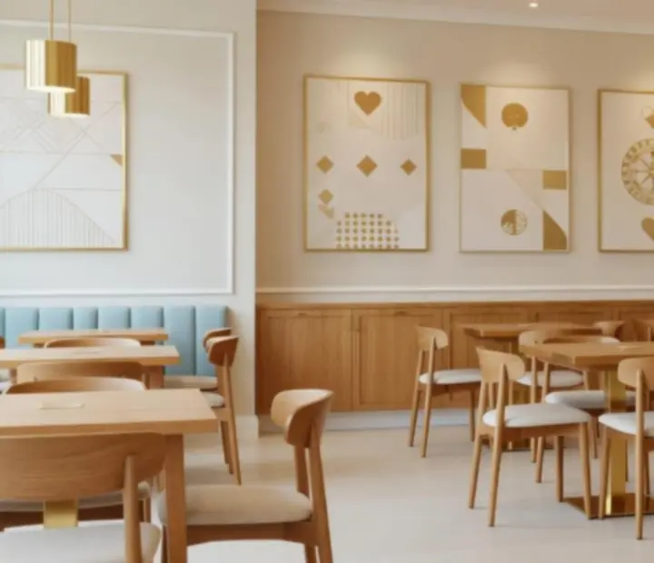 Główna sala restauracji Nocavio w kremowo-białej tonacji z delikatnymi złotymi i pastelowo błękitnymi akcentami